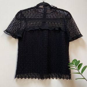 Zara Black Short Sleeve Crochet Lace Ruffle Blouse
